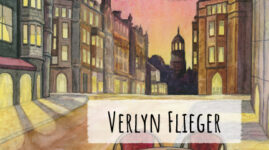 A translucent white banner with deckle edges reads “A Waiter Made of Glass: Stories and Poems.” A smaller similar banner shares the name of our author, Verlyn Flieger. The scene behind and between these banners has been painted of a charming old world downtown street at sundown. The sky is gold and salmon blending to a soft middle blue above. The street is clean, with tall buildings side-by-side. They look like businesses below with residences above. Warm indoor light streams out of rectangular windows and arched doorways which spills across the flagstone sidewalks and warmly colored street surface. A lovely spired building in the background suggests a stone church at the end of the street. No people, not pedestrian, nor shopkeeper, nor even a person peeping out of a window can be seen. At the center of this eerily quiet scene stands a wooden round pedestal table with four red upholstered spindle-legged chairs. The table is laid for four with triangularly-folded white napkins and a spoon at each place. Who is expected at this silent meal, and by whom? The artist’s signature, E. Austin, is written small in the bottom left corner.