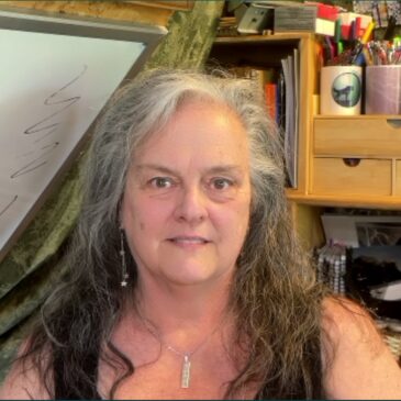 Sparrow has surrounded herself with books, gel pens, and a murder board. It must be Monday because she's wearing grey — then again her hair is mostly grey now, so perhaps it's always Monday? She's got green eyes, European ancestry, and a collection of coffee mugs with broken handles which have been upcycled into pen cups.