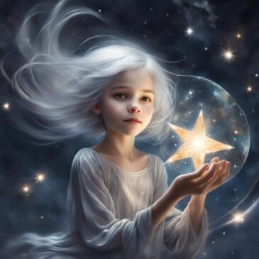 An illustration of a silver-haired ethereal girl holding a star in her hands against a backdrop of the night sky.
