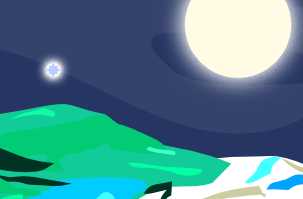 This beautiful image by Sharon Hoff shows green mountains, blue seas, and a star studded sky with two lovely moons. It's colors but clip-art-like and she made it so, so pretty, and I am grateful for the care she showed in making it. She started with a photo of the globe of Relic world that I made of papier-mâché and paint. there was also a glue gun involved. This is a smal crop of the original banner-shaped picture.