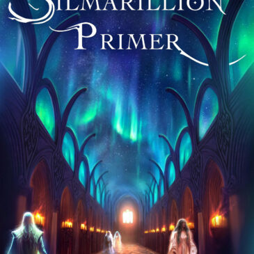 The Silmarillion Primer by Jeff LaSala. This cover depicts a beautiful long chamber flanked by trees or tree-like arches and surmounted with art? or perhaps a clear view of the aurorae borealis. Just gorgeously rich. A few white-clad figures walk below, their smallness emphasizing the reach of the heavens.
