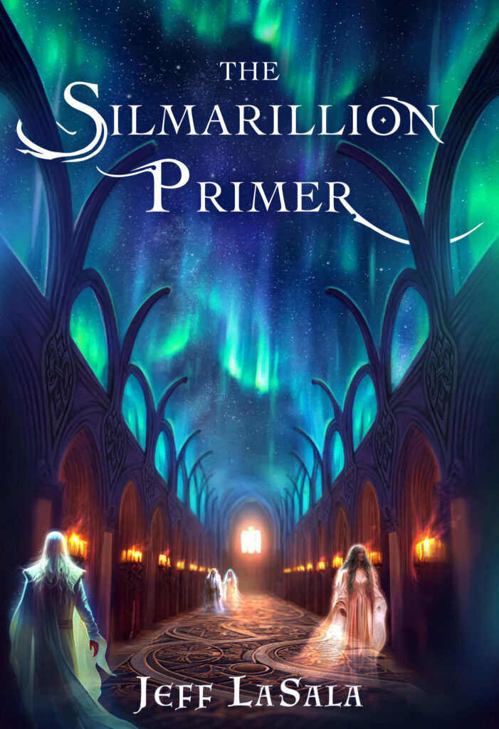 The Silmarillion Primer by Jeff LaSala. This cover depicts a beautiful long chamber flanked by trees or tree-like arches and surmounted with art? or perhaps a clear view of the aurorae borealis. Just gorgeously rich. A few white-clad figures walk below, their smallness emphasizing the reach of the heavens.