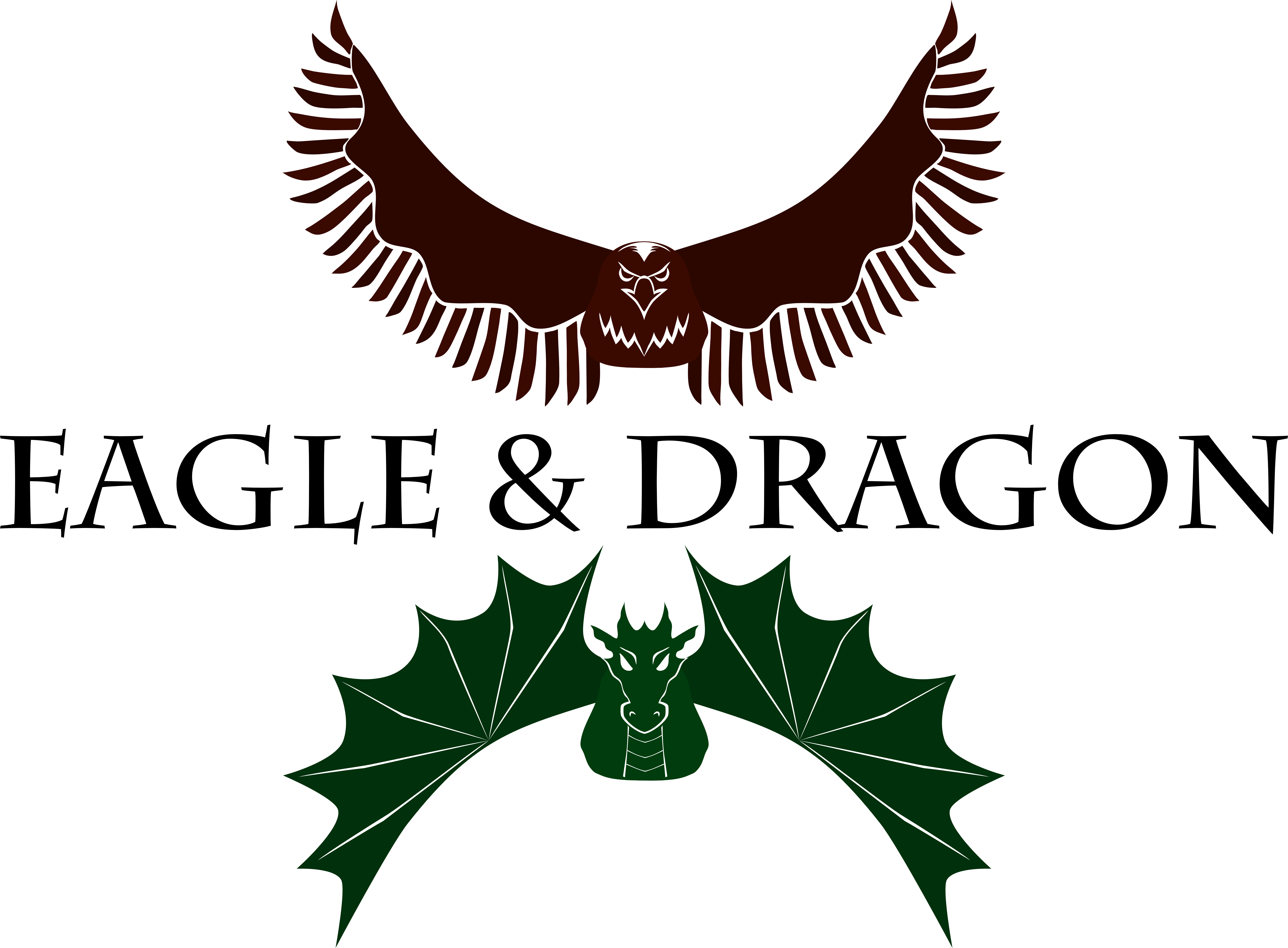 Eagle & Dragon logo: on top is a brown stylized eagle with wings arced upward; on bottom a green dragon with wings arced downward; and in middle is the text Eagle & Dragon