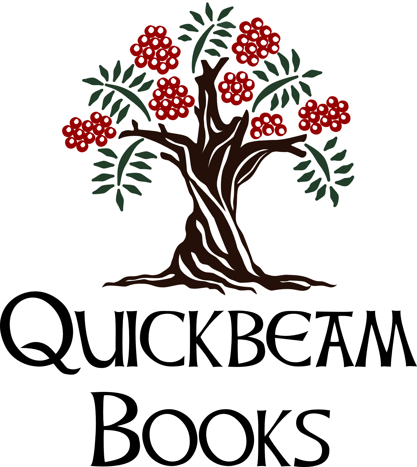 Logo for Quickbeam Books: A stylized quickbeam, or rowan, tree in brown with green leaves and red rowan berries on the branches.